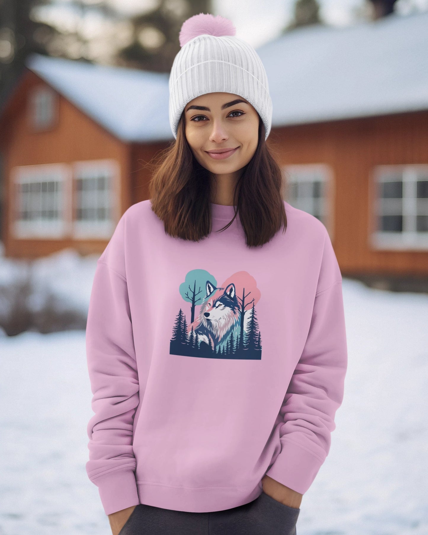Woman wearing a pink sweatshirt with a wolf design outdoors in winter.