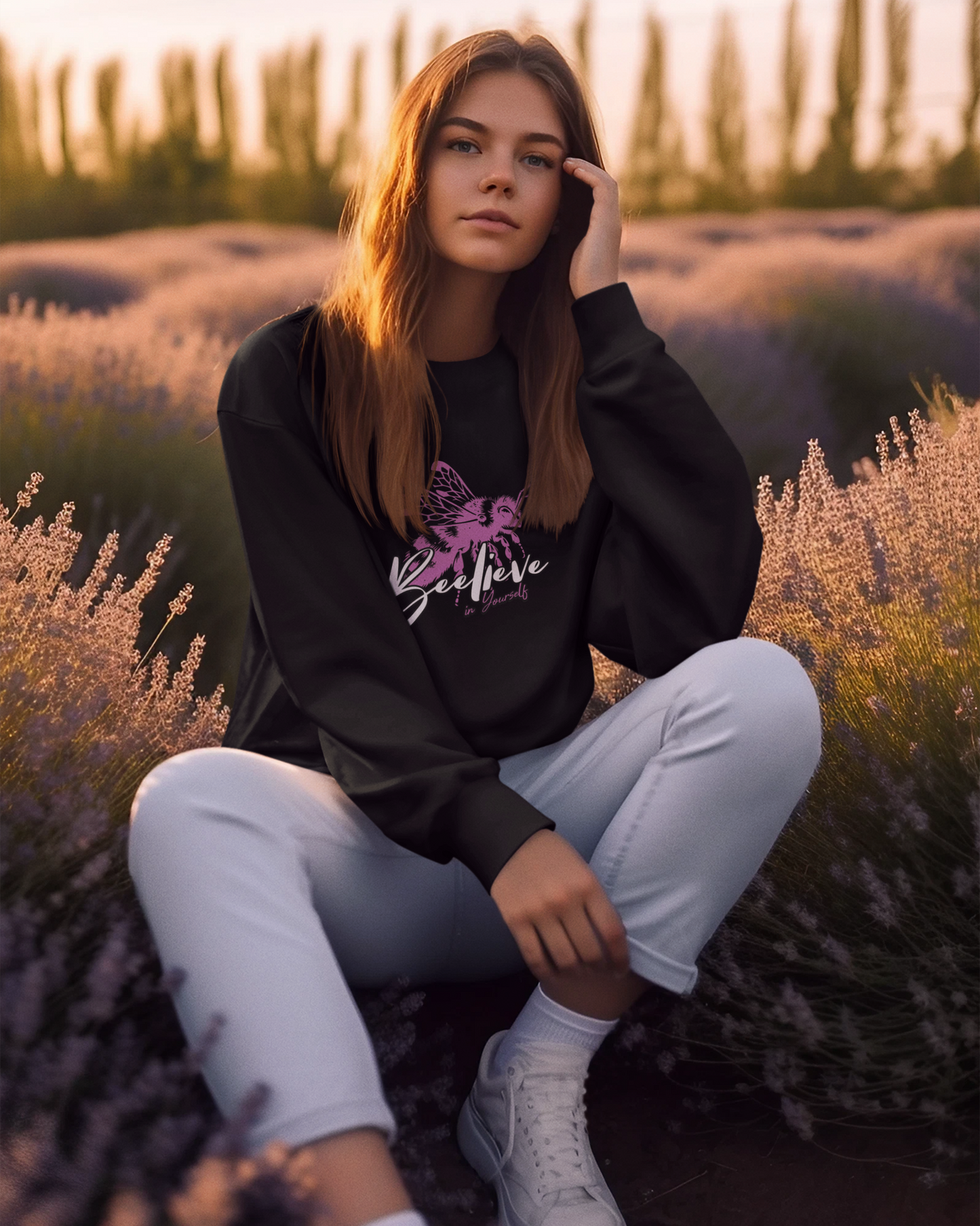 Woman sitting in a lavender field wearing a black sweatshirt with a graphic bee design.