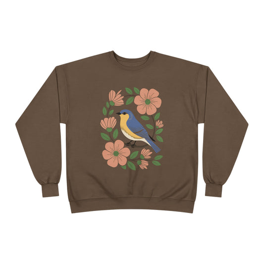 Brown sweatshirt with a bluebird