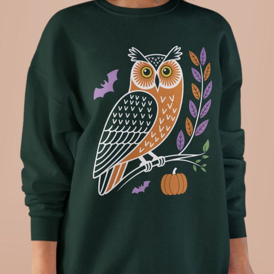 Dark green sweatshirt with an owl and pumpkin design 