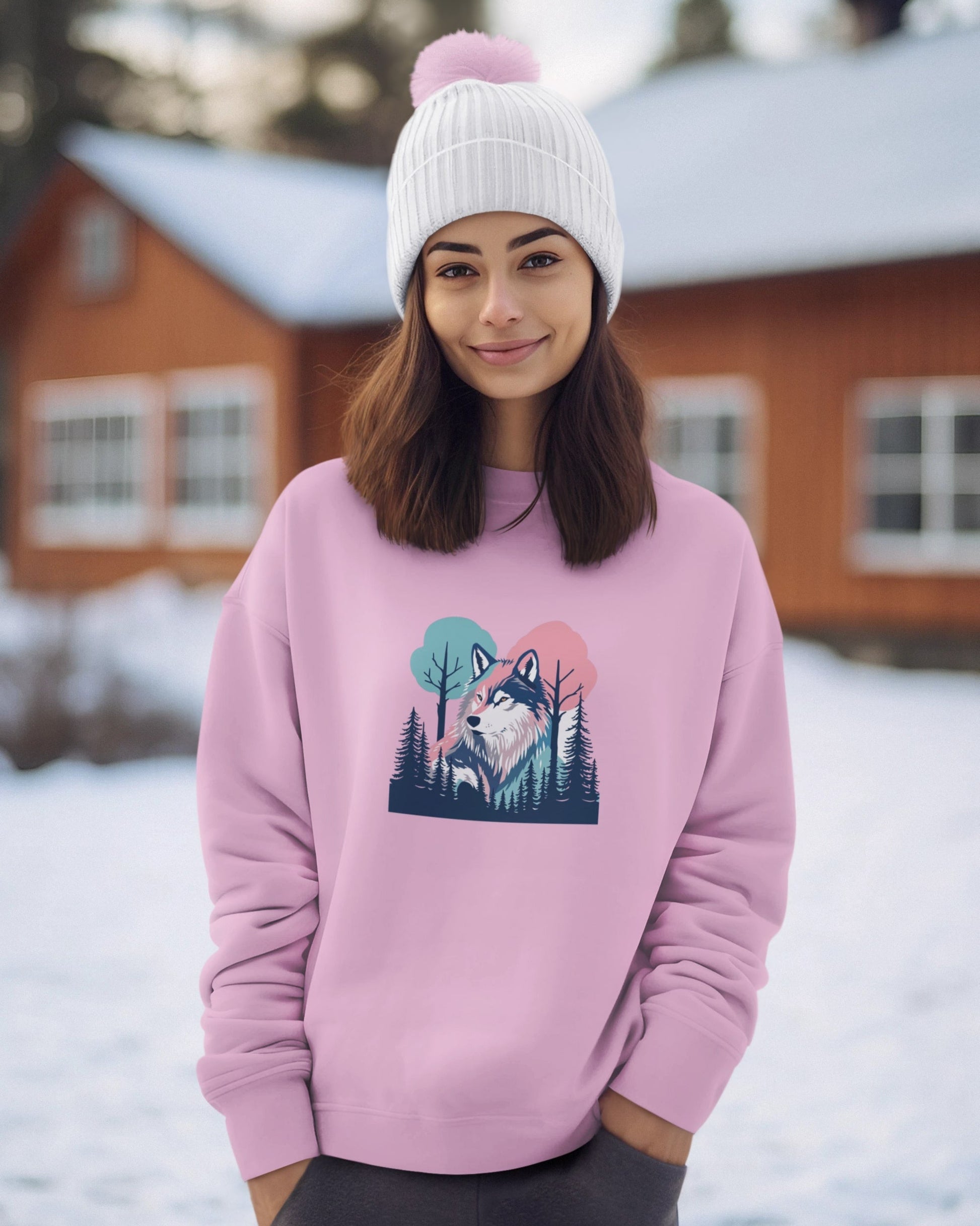 Woman wearing a pink sweatshirt with a wolf design outdoors in winter.